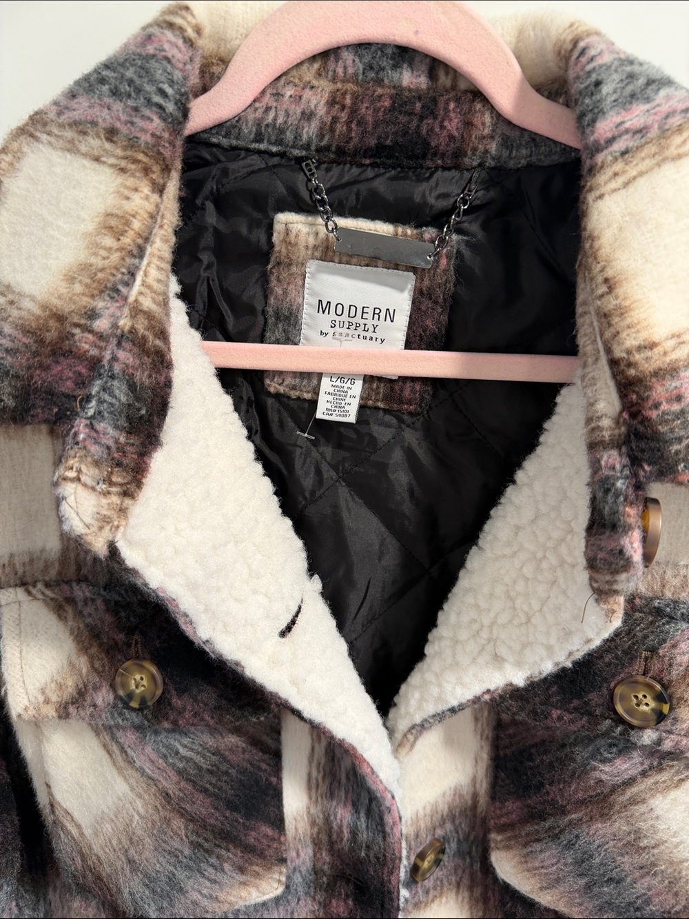 Modern Supply by Sanctuary Women's Cream Plaid Sherpa-Lined Jacket